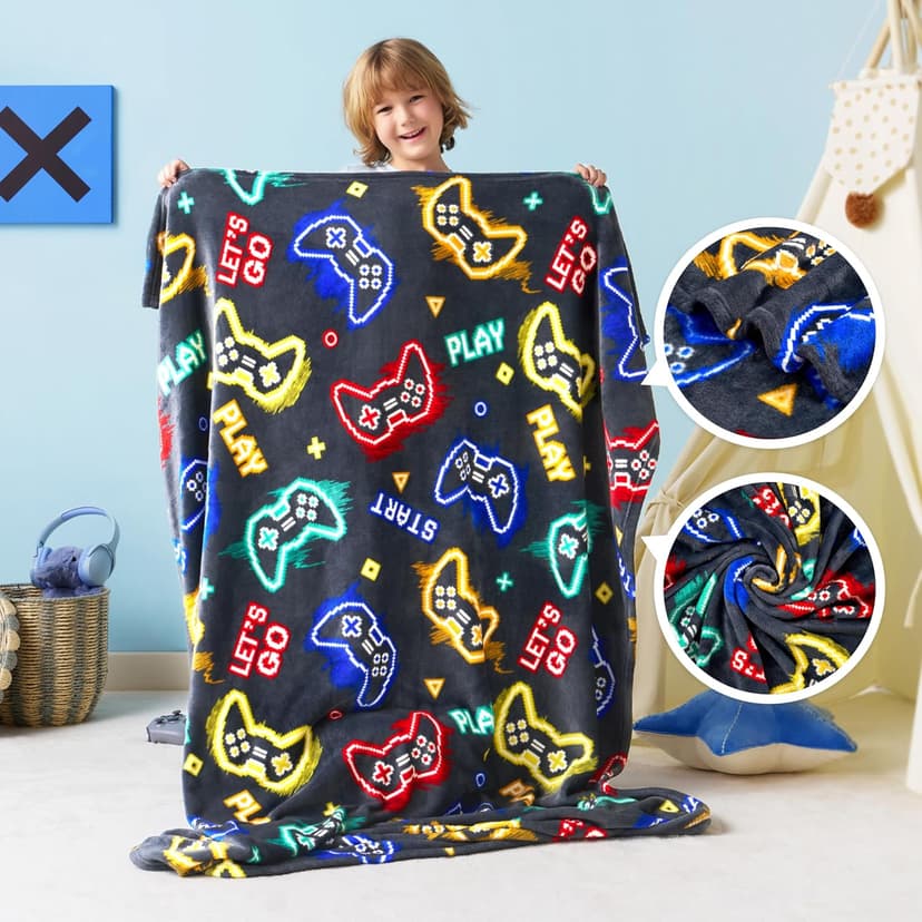 Joiedomi Glow in The Dark Gaming Blanket Gamer Gifts for Boys Age 2 3 4 5 6 7 8 9 10 11 12 Year Old, Soft Cozy Flannel Kids Throw Blanket, Birthday Bedroom Decor Grey 50"×60"