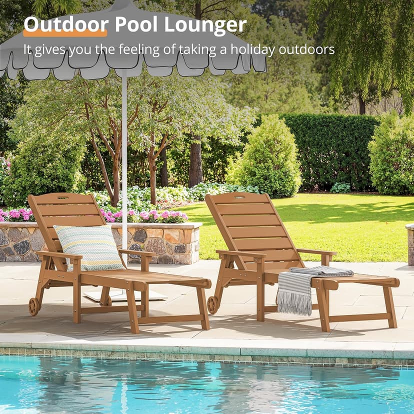 LUE BONA Outdoor Chaise Lounge Chairs Set of 2, HDPS Chaise Lounger, 5 Positions Adjustable Lounge Chairs, Pool Lounge Chair with Wheels for Poolside, Patio, Restaurant, 3 Year Warranty, Teak Color