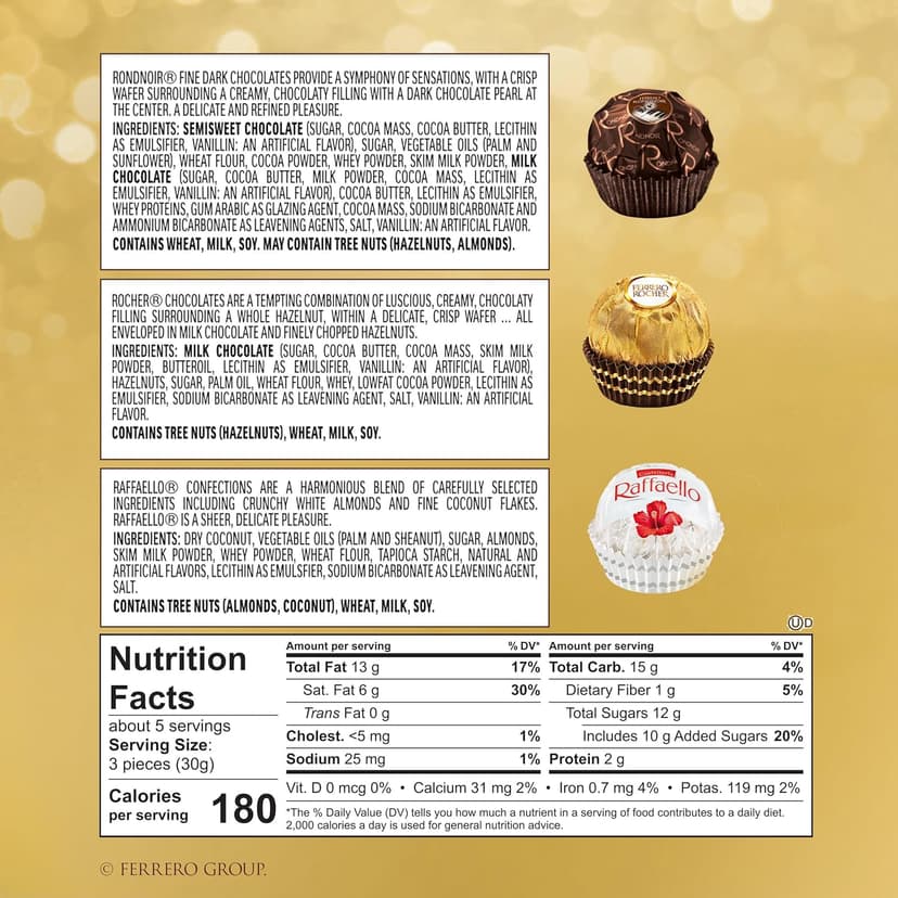 Ferrero Collection Fine Assorted Confections, Premium Chocolate Variety Pack with Ferrero Rocher, Raffaello, and Rondnoir, 6.1 oz, Gift Box for Sharing with Family and Friends
