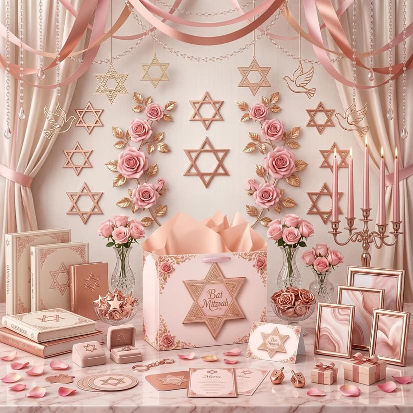 Bat Mitzvah Gift Bag Set Pink Rose Gold Star of David Paper Wrapping Bag with Ribbon Handles Tissue Paper Greeting Card All In One for Jewish Coming of Age Party Favor Celebration Decoration Supplies B0H5QYF944