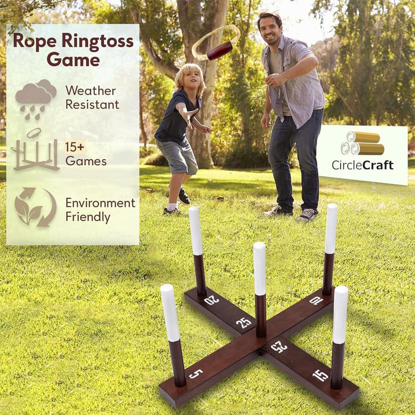 CircleCraft Rustic Ring Toss Game for Kids & Adults – Outdoor Yard Games with Rope Rings, Portable Wooden Lawn Game for Family Fun, Backyard, Beach, Camping & Picnic Activities for Christmas & Easter