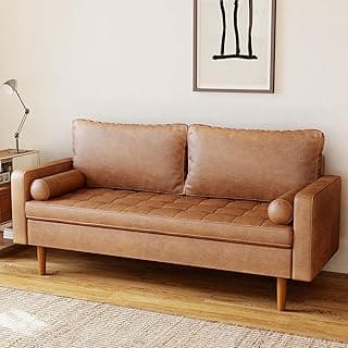 KOBY HOME 70" Loveseat Sofa Couch, Mid-Century Vintage Couches 2 Seat, Faux Leather with Solid Wood Frame Deep Seat, 2 Pillows for Living Room Apartment Office Small Spaces Brown