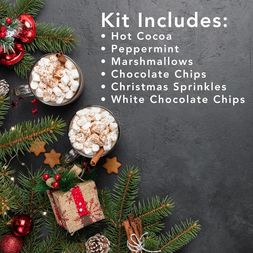 Hot Cocoa Bar Kit by Happy Packs, Includes Hot Cocoa Mix, Mini Marshmallows, Crushed Peppermint Candy, Chocolate Chips, White Chocolate Chips & Christmas Sprinkles, Premium Hot Chocolate Gift Sets