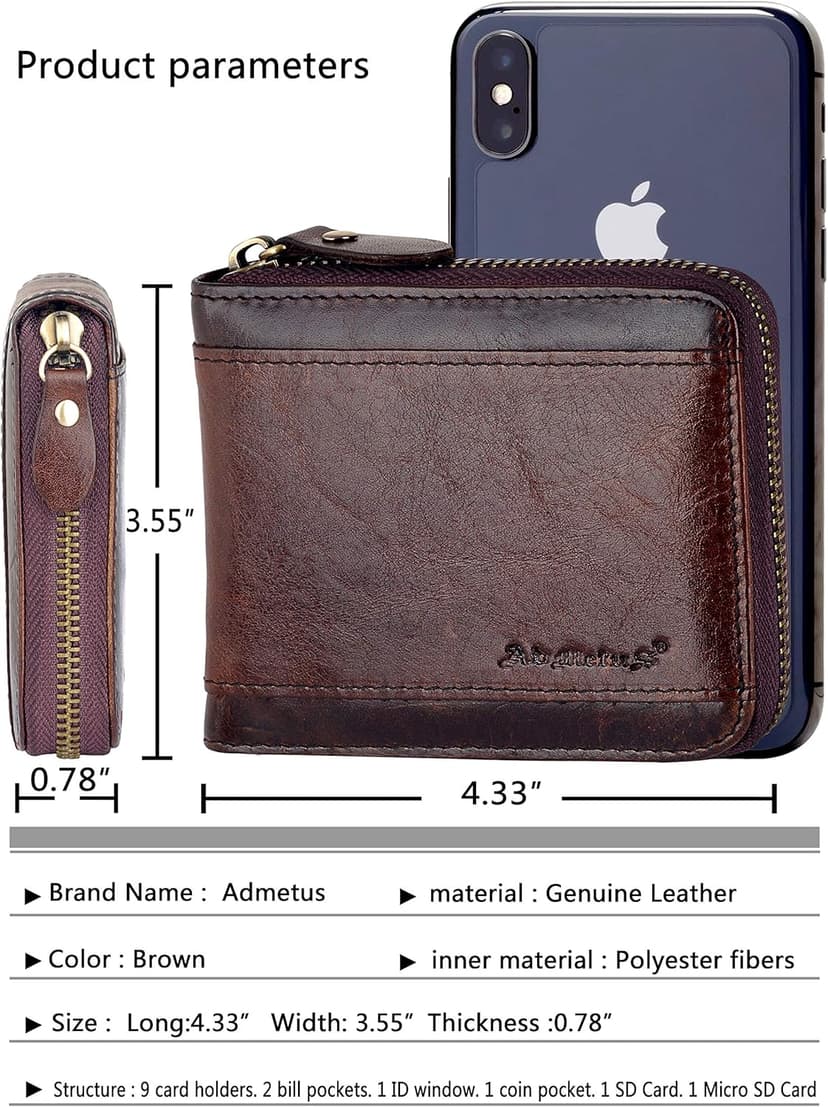 Admetus Mens RFID Blocking Wallets Zipper Leather Wallet for Men Bifold RFID Card Holder