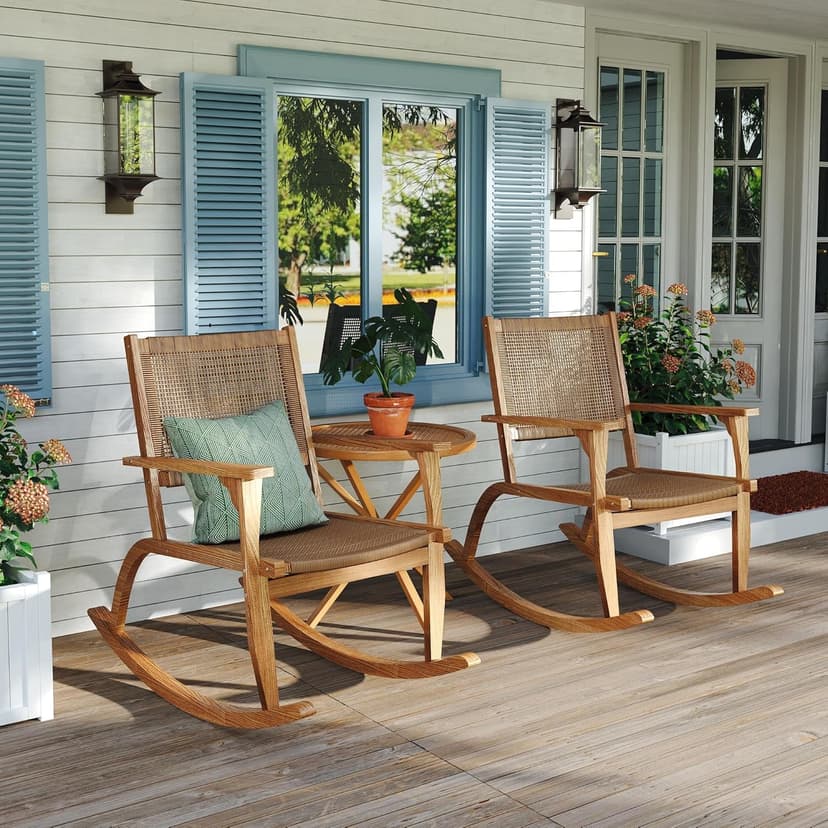 Acacia Wood Outdoor Rocking Chair Set of 2, Natural Wicker Outdoor Rockers with Wicker Rattan Seat & Backrest, 400 lbs Capacity Heavy Duty Rocker for Garden, Backyard & Balcony (Natural)