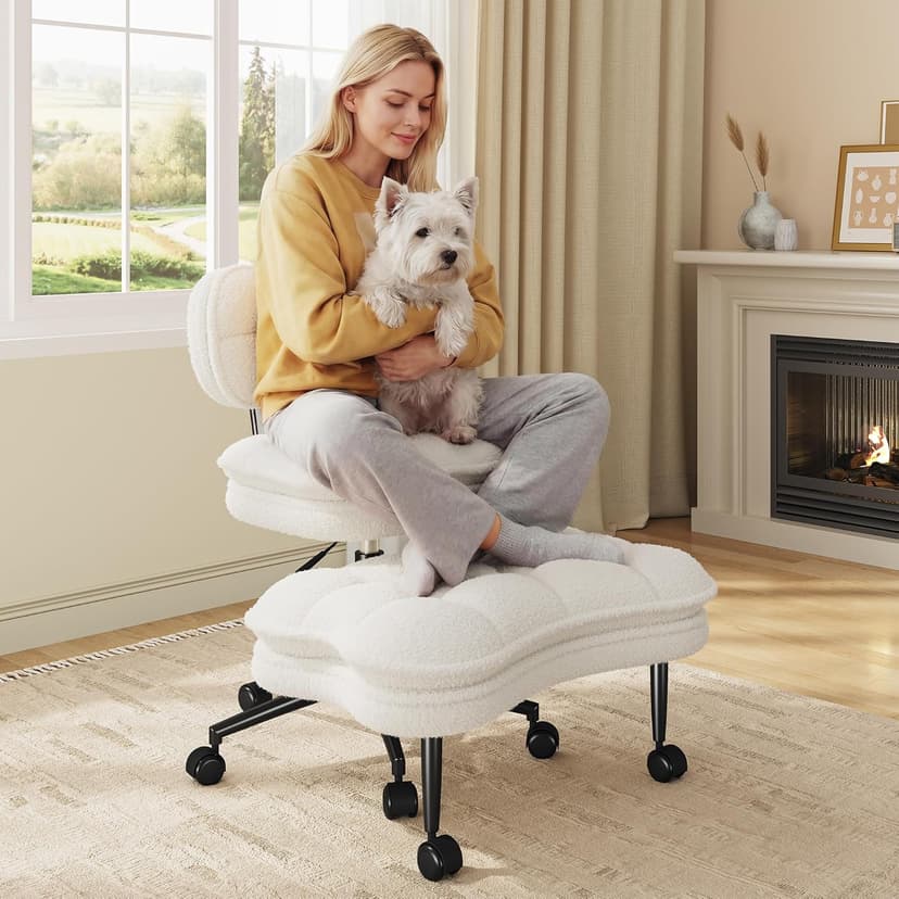 DurayLoly Ergonomic Cross Legged Chair 360° Swivel Meditation Chair with Wheels, Height Adjustable Seat for ADHD, Strong Lumbar Support,Home Office Furniture, Teddy Fabric,White