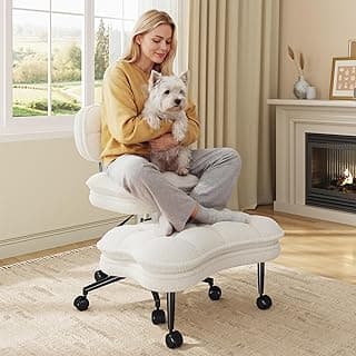 DurayLoly Ergonomic Cross Legged Chair 360° Swivel Meditation Chair with Wheels, Height Adjustable Seat for ADHD, Strong Lumbar Support,Home Office Furniture, Teddy Fabric,White