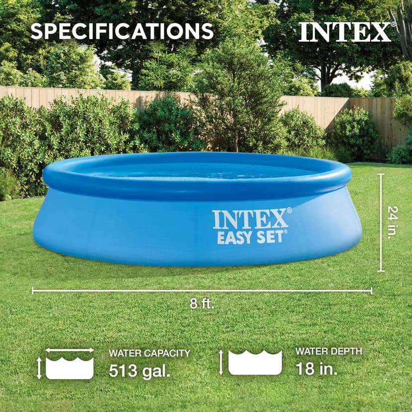 Intex 28106EH Easy Set Inflatable Swimming Pool: 8ft x 24in – Puncture-Resistant Material – Quick Inflation – 513 Gallon Capacity – 18in Water Depth