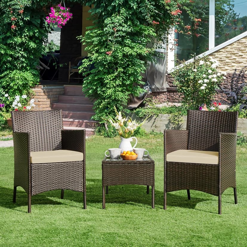 Yaheetech 3 Pieces Patio Porch Furniture Set, Outdoor PE Rattan Wicker Conversation Set with Soft Cushions, Glass Coffee Table & 2 Chairs for Garden/Deck/Courtyard/Poolside, Brown/Khaki