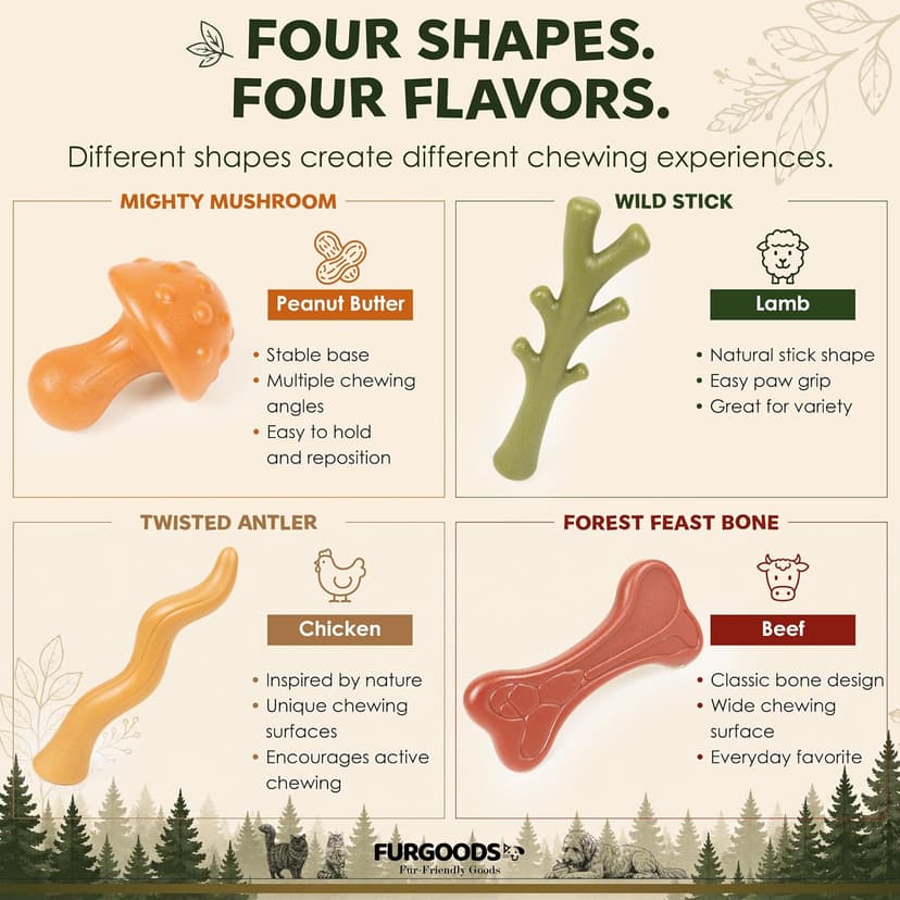 4 shapes and flavors: peanut butter, lamb, chicken, beef; long lasting chews for puppies and adult dogs, gift ready box FURBONE Flavored Nylon Dog Chew Toys 4 Pack, Bones for Small & Medium Dogs B0FQC6RNZM
