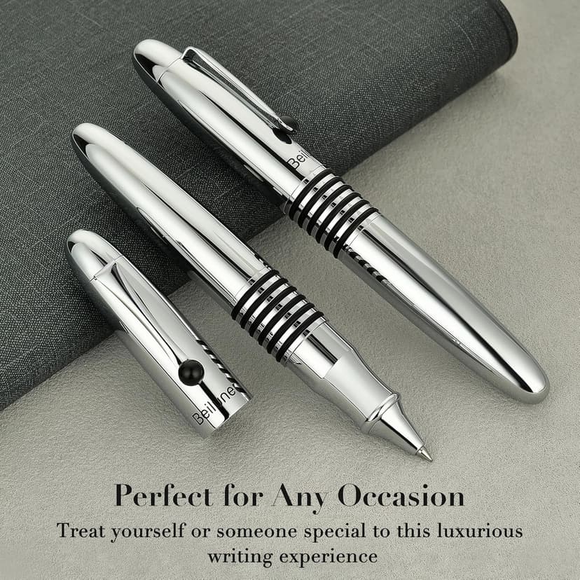 BEILUNER 320 Silver Chrome Rollerball - Stunning Luxury Pen with Chrome Finish, EDC, Heavy, Schmidt Black Ink Refill, Best Gift Set for Men & Women, Professional, Executive Office, Nice Classic Pens