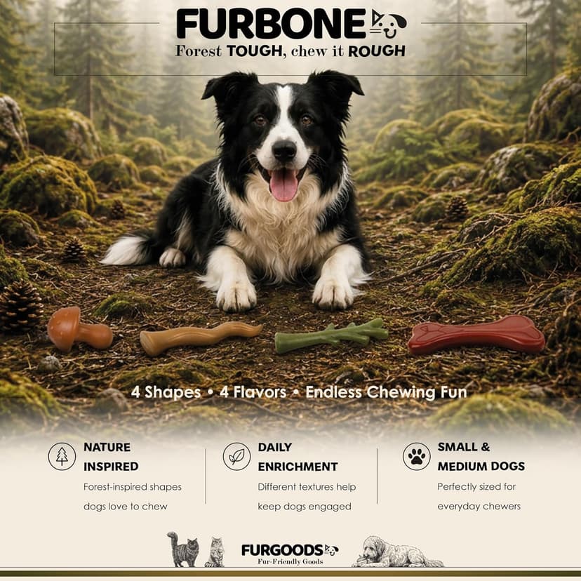 4 shapes and flavors: peanut butter, lamb, chicken, beef; long lasting chews for puppies and adult dogs, gift ready box FURBONE Flavored Nylon Dog Chew Toys 4 Pack, Bones for Small & Medium Dogs B0FQC6RNZM