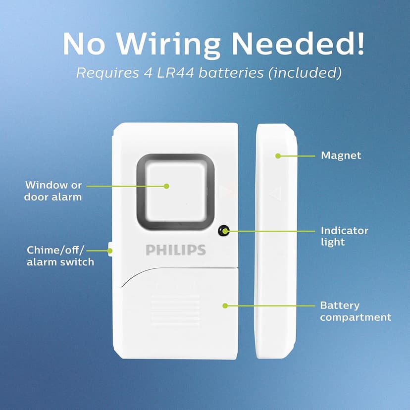 Philips Personal Security Window and Door Alarm, 4 Pack, DIY Protection, Burglar Alert, Wireless, Chime/Alarm, Easy Installation, Ideal for Home, Garage, Apartment, RV and More, LRM3320W/27