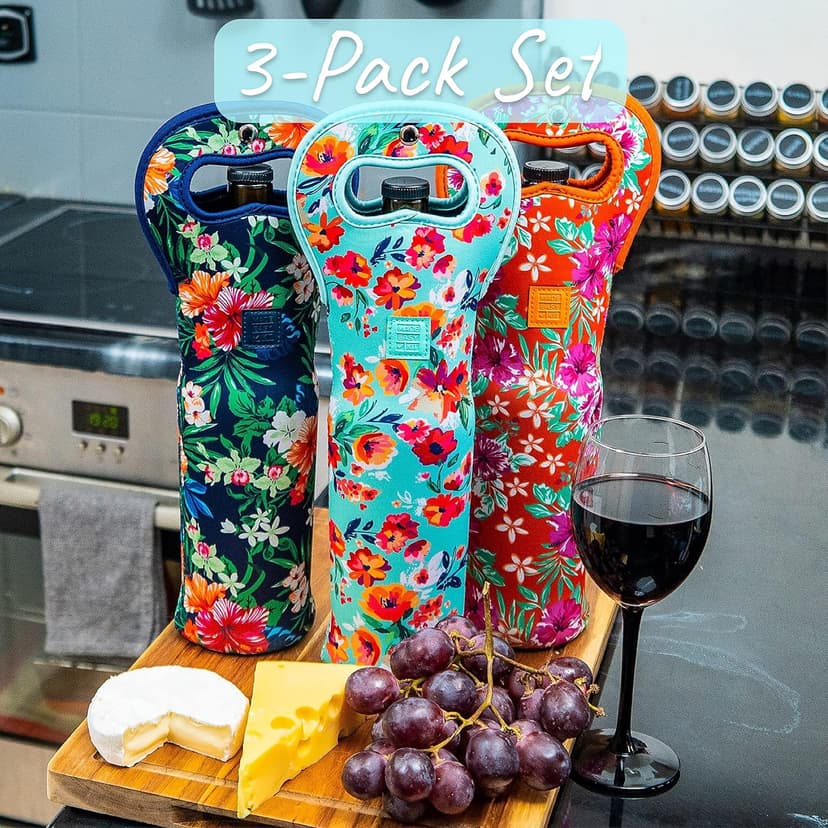 Made Easy Kit Insulated Wine Tote - Neoprene Wine Carrier Bag with Magnetic Handle Clasp - Wine Bottle Protective Travel Bag - Perfect for Gifting Travel or Gift Bag - Set of 3 (Floral Patterns)
