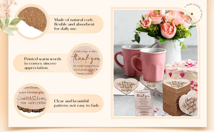 Hushee 200 Pcs Wedding Favors for Guests Cork Coasters Bulk Thank You for Celebrating with Us Party Decoration Wood Coaster Rustic Wedding Gift Bridal Shower Party Favors(Tree Bark)