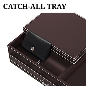 Mens Watch Box Leather Valet Tray - Bedside Table Organizer, Men's Jewelry Box, Watch Case for Men with Large Smartphone Charging Station - Jewelry Box for Men with Valet Box and Nightstand Organizer