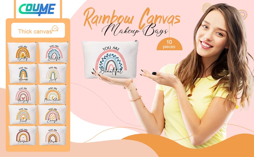 Coume 10 Pcs Rainbow Canvas Makeup Bags Bulk Inspirational Quotes Cosmetic Zipper Personalized Encouragement Travel Pouch Toiletry Bag for Women Girls Teacher Friend Birthday