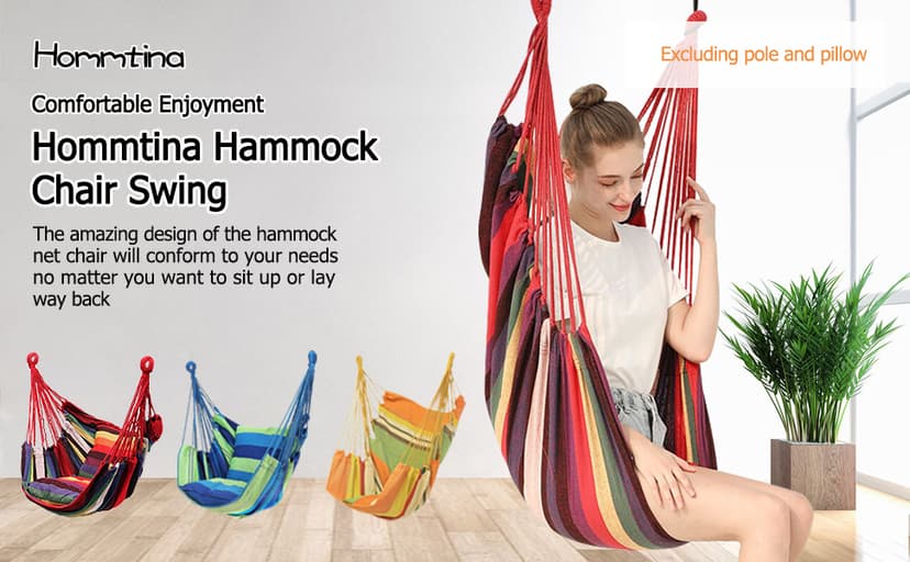 Hommtina Hammock Chair Hanging Rope Swing, Max 300 Lbs Hanging Chair with Pocket & Durability Perfect for Outdoor, Home, Bedroom, Patio, Yard (Pillows NOT Included,Dark Gray)