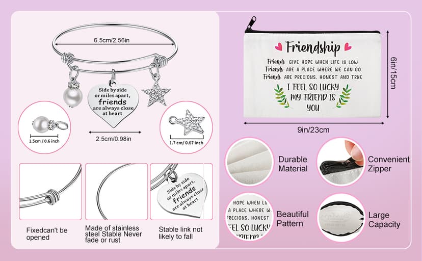 Kenning 12 Pieces Christmas Friends Gifts for Women Friendships Makeup Bag Adjustable Bangle Friendship Bracelet Long Distance Friendship Birthday Gifts for Graduation Family Sister(Classic)