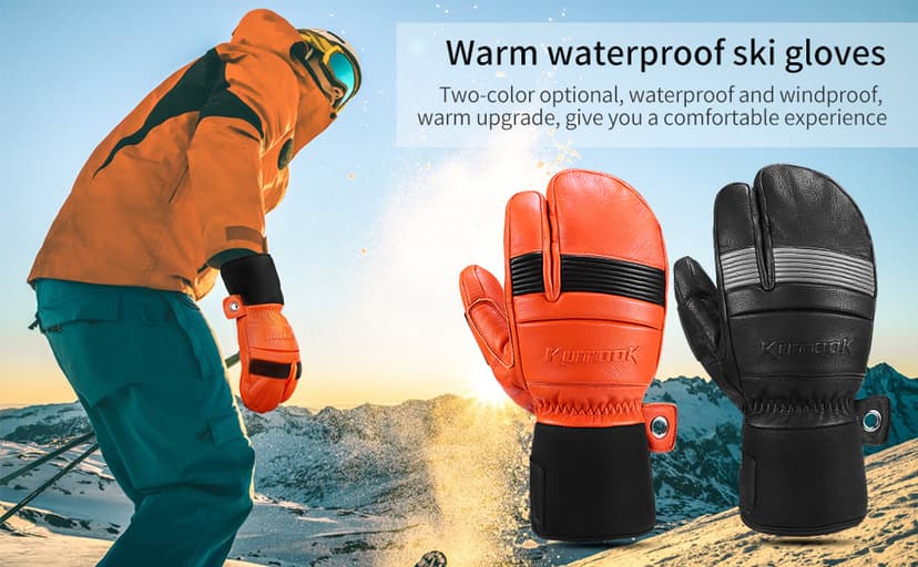 KUTOOK Ski Mittens with HIPORA Waterproof Membrane Goat Leather Gloves for Skiing Outdoor