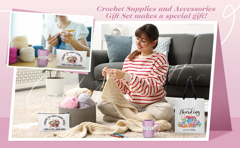 7 Pcs Crochet Knitter Gift Set Humorous Novelty Crochet Mug Mini Hooks Keychain Knitting Loop Ring Makeup Bag Handbag Sock for Women Christmas Beginner Lovers Gifts