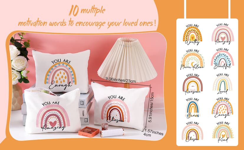 Coume 10 Pcs Rainbow Canvas Makeup Bags Bulk Inspirational Quotes Cosmetic Zipper Personalized Encouragement Travel Pouch Toiletry Bag for Women Girls Teacher Friend Birthday