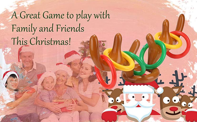 2PCS Christmas Party Toss Game Inflatable Reindeer Antler Hat with Rings for Kids Adults Family Xmas Fun Games(1 Pump,8 Rings, 2 Antlers)
