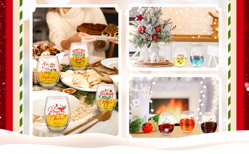 Funtery 6 Pcs Christmas wine Stemless Glass Funny Christmas Gift Set for Teacher Men Women Family Friend Coworker, Gift Ideal Birthday Wedding Party Supplies(Classic Style)