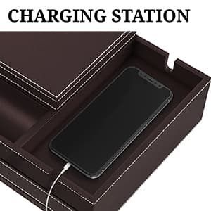 Mens Watch Box Leather Valet Tray - Bedside Table Organizer, Men's Jewelry Box, Watch Case for Men with Large Smartphone Charging Station - Jewelry Box for Men with Valet Box and Nightstand Organizer