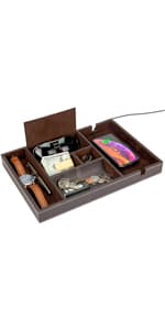 Mens Watch Box Leather Valet Tray - Bedside Table Organizer, Men's Jewelry Box, Watch Case for Men with Large Smartphone Charging Station - Jewelry Box for Men with Valet Box and Nightstand Organizer