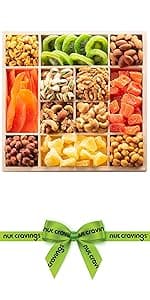 NUT CRAVINGS - Holiday Christmas Dried Fruit & Mixed Nuts Gift Basket in Reusable Wooden Tray + Ribbon (12 Assortments) Xmas Treats for Adults, Food Arrangement, Healthy Snack Care Package, Kosher
