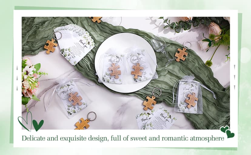 Sintuff 100 Sets Wedding Favors for Guests Rustic Wood Puzzle Keychain Thank You Card Organza Bag Wedding Party Bridal Shower Souvenir