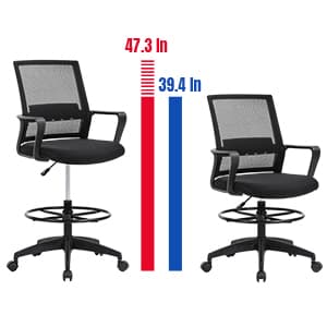 BestOffice Drafting Chair Tall Office Chair Adjustable Swivel Rolling Mesh Height with Lumbar Support Arms Footrest Mid Back for Adults Standing Desk Drafting Stool(Black)