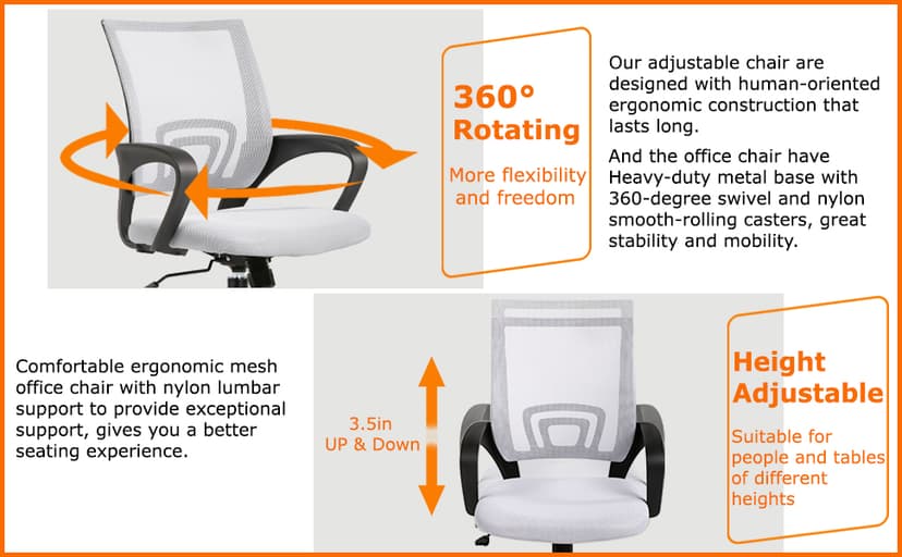 BestOffice | Ergonomic Office Chair | Mid-Back Swivel Desk Chair | Breathable Backrest & Lumbar Support | Adjustable Height | Sponge Seat | Rolling Wheels | White | for Adults & Women