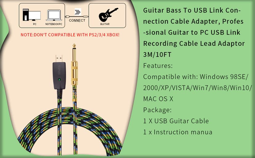 YESPURE USB Guitar Cable 10Ft,USB Guitar Interface Male to 6.35mm 1/4 inch Gold-Plated TS Mono Plug,Nylon Braid Recording Cable Compatible with Windows Mac OS for Guitar,Bass,Microphones,and More