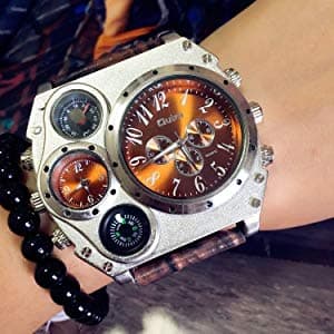 Avaner Men's Leather Wrist Watches: Big Face Dual Time Zone Oversized Large Dial Leather Strap Analog Quartz Watch