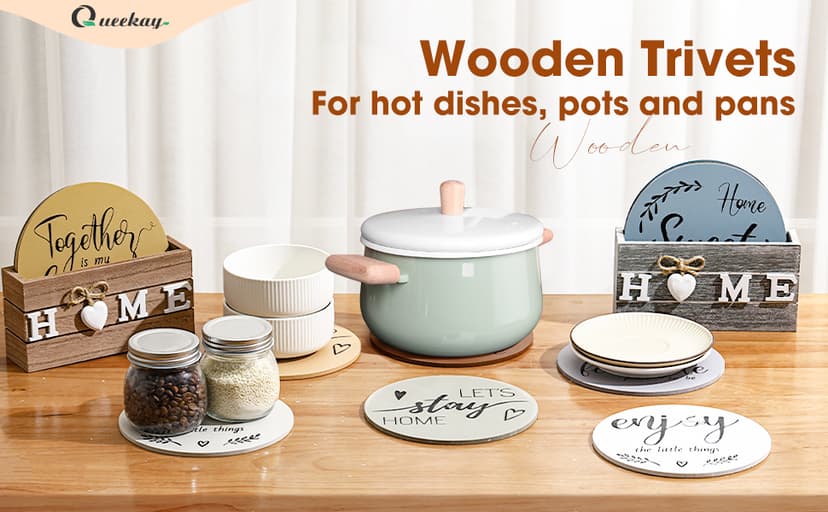 Queekay 6 Pcs Artisanal Wooden Coasters Trivets Set for Hot Pots and Pans Christmas Housewarming Gifts New Home 7" Farmhouse Pot Holder Trivets for New Apartment Home Buyers Presents(Ocean)