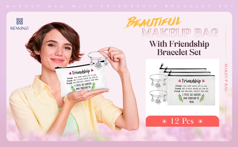 Kenning 12 Pieces Christmas Friends Gifts for Women Friendships Makeup Bag Adjustable Bangle Friendship Bracelet Long Distance Friendship Birthday Gifts for Graduation Family Sister(Classic)