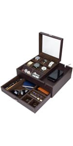 Mens Watch Box Leather Valet Tray - Bedside Table Organizer, Men's Jewelry Box, Watch Case for Men with Large Smartphone Charging Station - Jewelry Box for Men with Valet Box and Nightstand Organizer