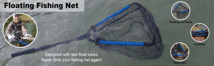 PLUSINNO Fishing Net Fish Floating Landing Net, Kayak Nets with Fixed Foldable Telescopic Pole Handle, Bass Trout Fishing Nets with Nylon Mesh for Pond Lake River, Fishing Gear Gifts for Men
