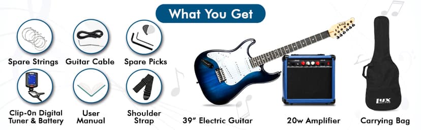 LyxPro Left Hand 39 Inch Electric Guitar and Starter Kit for Lefty Full Size Beginner’s Guitar, Amp, Six Strings, Two Picks, Shoulder Strap, Digital Clip On Tuner, Cable and Soft Case - Blue