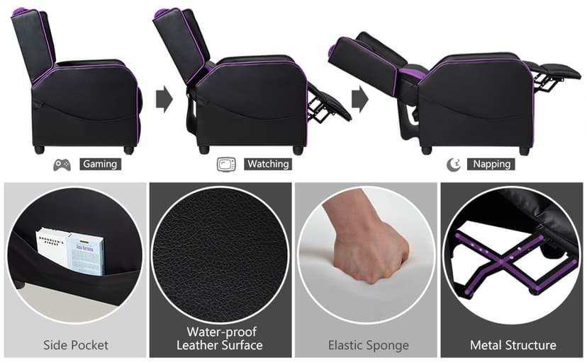 Goplus Massage Gaming Recliner Chair, Racing Style PU Leather Single Recliner Sofa with Footrest, Adjustable Modern Living Room Recliners, Ergonomic Home Theater Recliner Seat