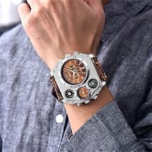 Avaner Men's Leather Wrist Watches: Big Face Dual Time Zone Oversized Large Dial Leather Strap Analog Quartz Watch