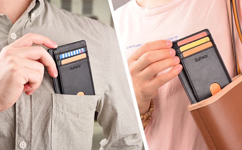 Buffway Slim Minimalist Front Pocket RFID Blocking Leather Wallets for Men and Women - Carbon Fiber Black