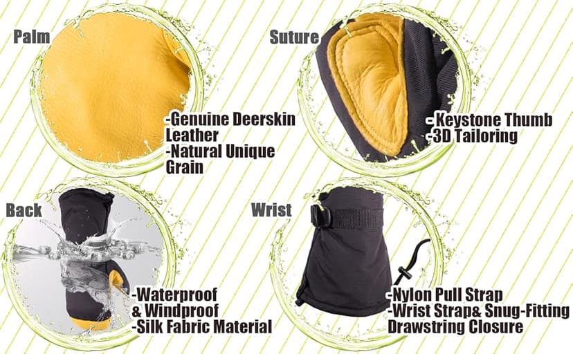 SKYDEER Waterproof and Windproof Genuine Deerskin Leather Ski Gloves with 150G 3M Thinsulate Insulation (SD8648T)