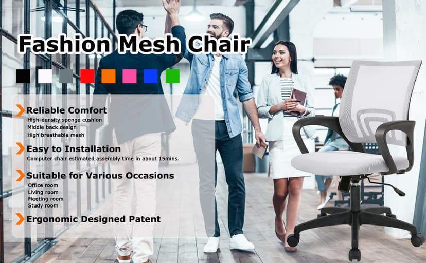 BestOffice | Ergonomic Office Chair | Mid-Back Swivel Desk Chair | Breathable Backrest & Lumbar Support | Adjustable Height | Sponge Seat | Rolling Wheels | White | for Adults & Women