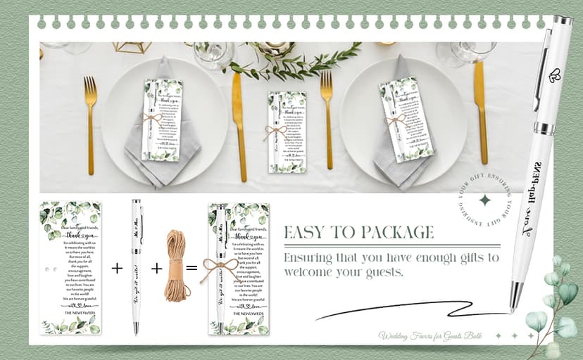 50 Sets Wedding Favors for Guests Bulk Retractable Ballpoint Pen Thank You Cards with Hemp Rope Bridal Shower Gift for Guest Wedding Souvenirs Newlyweds Party Supplies