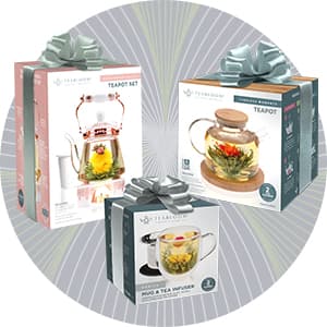 Teabloom Complete Glass Tea Set – Teapot (40 oz), Loose Tea Infuser, 4 Insulated Teacups, Tea Warmer with Candlelight, and 12 Flowering Teas – Elegant Blooming Tea Gift Set