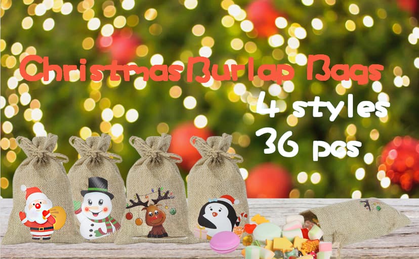 CCINEE 36pc Christmas Linen Bags with Drawstrings Christmas Burlap Goody Gift Bags with Double Jute Drawstrings, 4 designs Snowman, Santa Claus, Penguin and Reindeer
