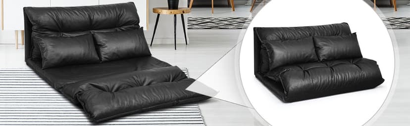 Giantex Convertible Sofa Bed, Floor Couch with 2 Pillows, PU Leather Loveseat Recliner, Folding Lazy Sleeper Sofa, 5 Position, Video Gaming Sofa Mattress for Reading Living Room Bedroom